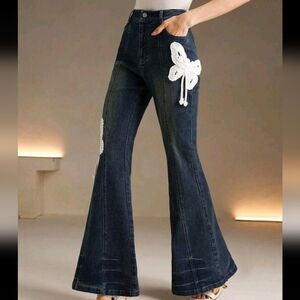 Fashion Modern Butterfly Design Flare Pants, Women's Commuter Outfit, Deep